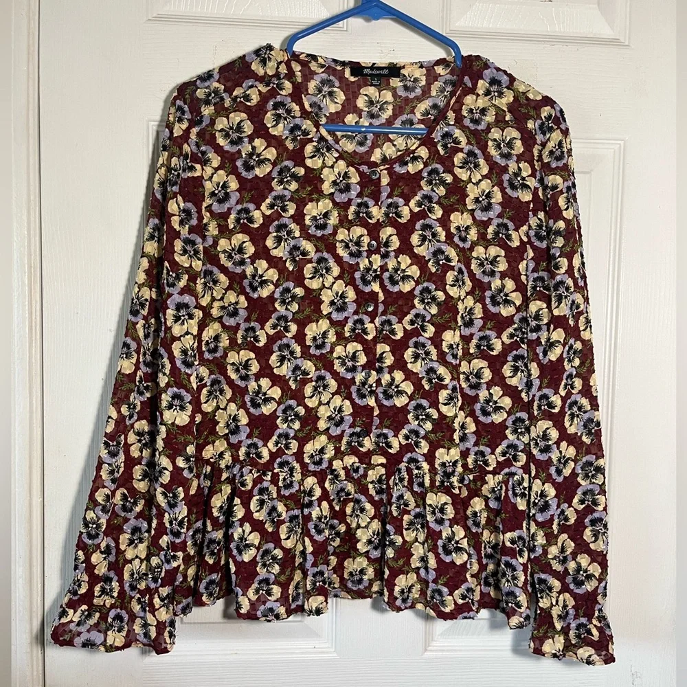 Madewell Semi Sheer Ruffle Hem Top in viola Peplum Long Sleeve Blouse Sz L - Picture 2 of 14